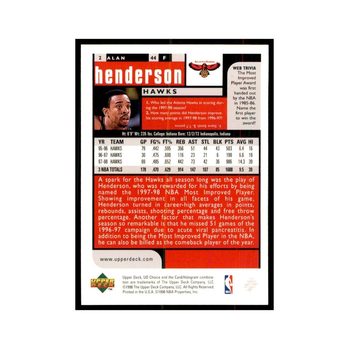 1998 UD Choice Alan Henderson Basketball Cards #2
