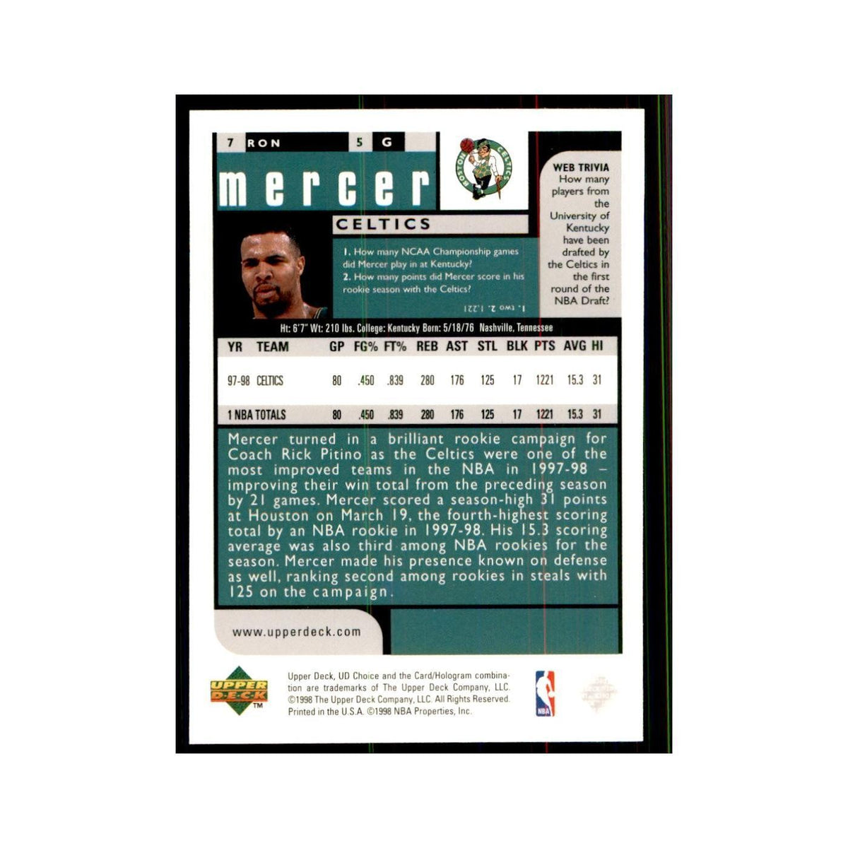 1998 UD Choice Ron Mercer Basketball Cards #7