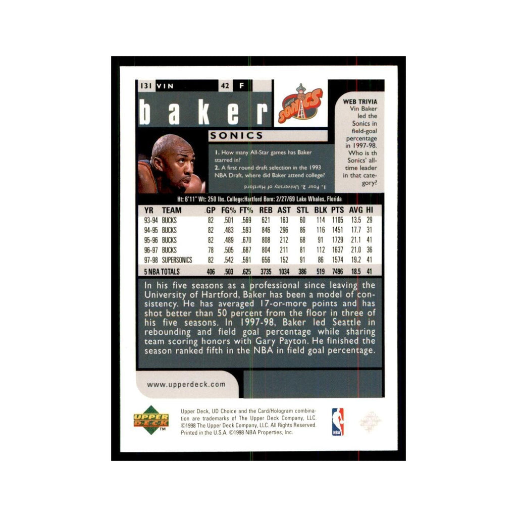 1998 UD Choice Vin Baker Basketball Cards #131