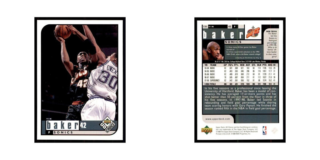 1998 UD Choice Vin Baker Basketball Cards #131