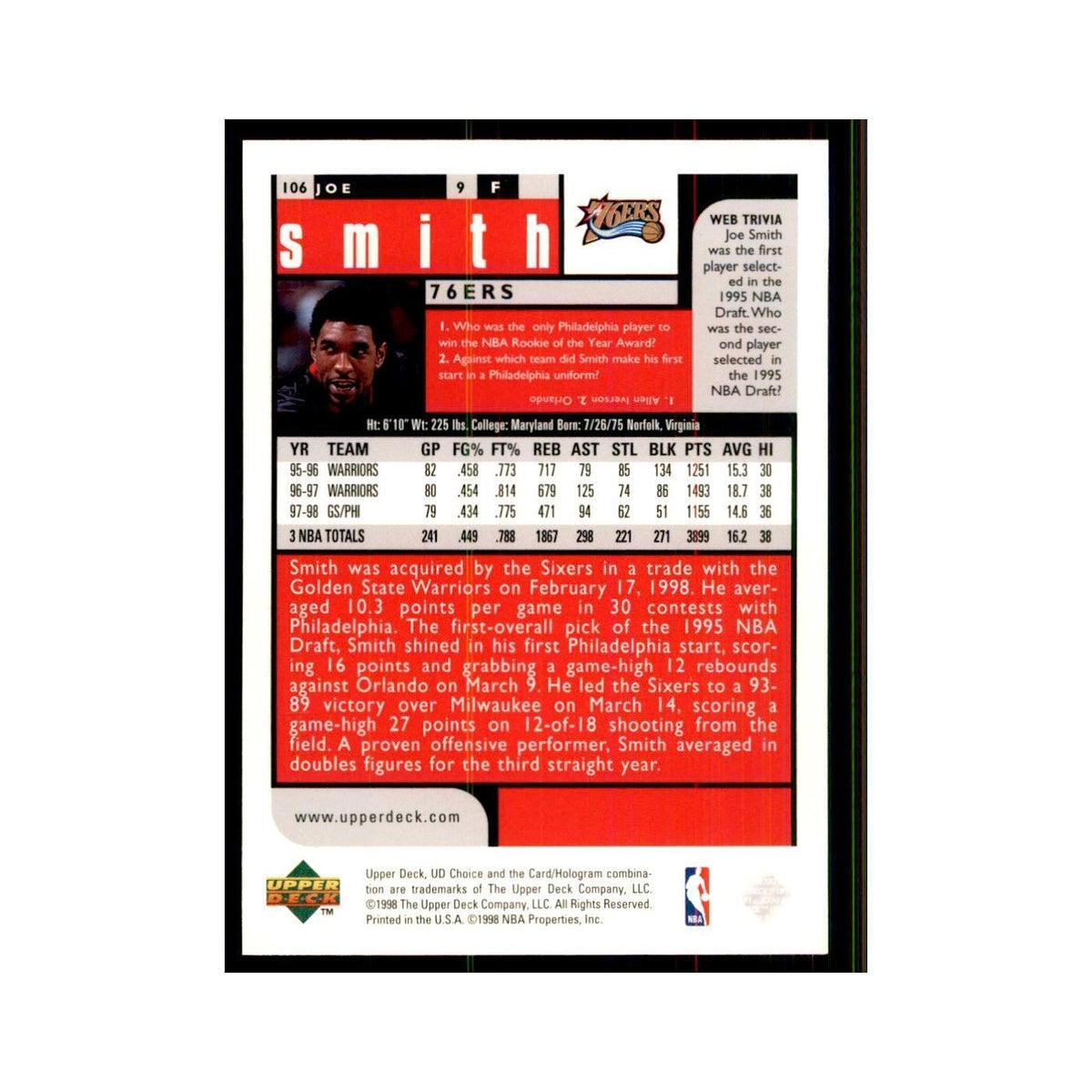 1998 UD Choice Joe Smith Basketball Cards #106