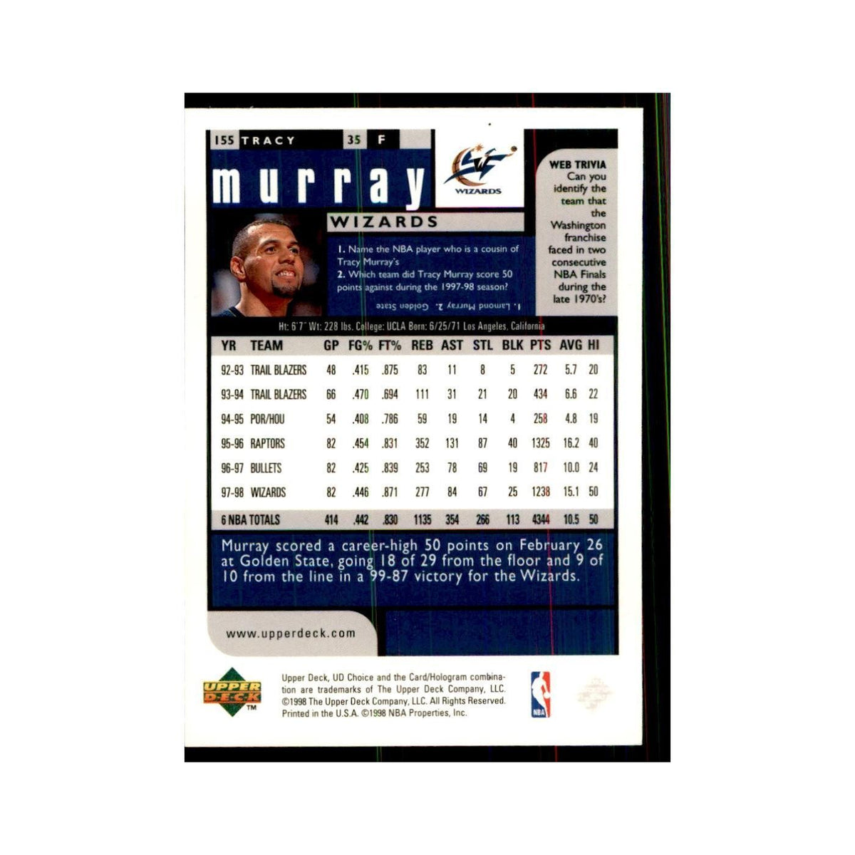 1998 UD Choice Tracy Murray Basketball Cards #35