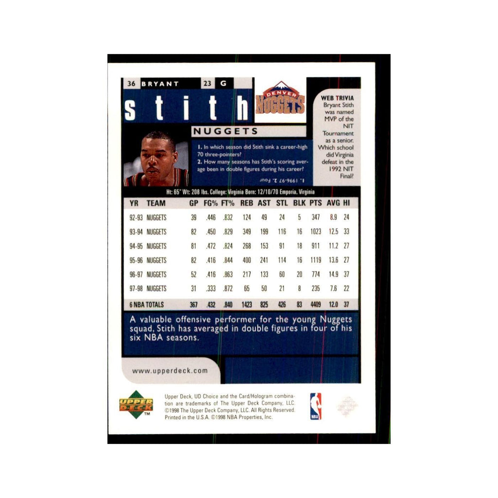 1998 UD Choice Bryant Stith Basketball Cards #36