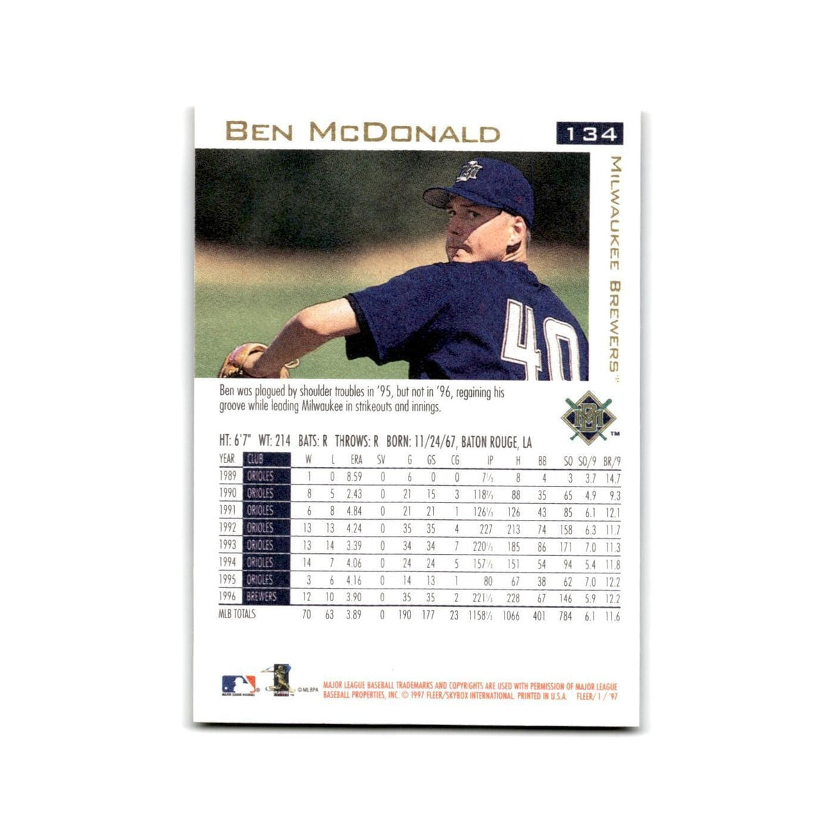 Ben McDonald 1997 Fleer #134 Milwaukee Brewers Baseball Card NM