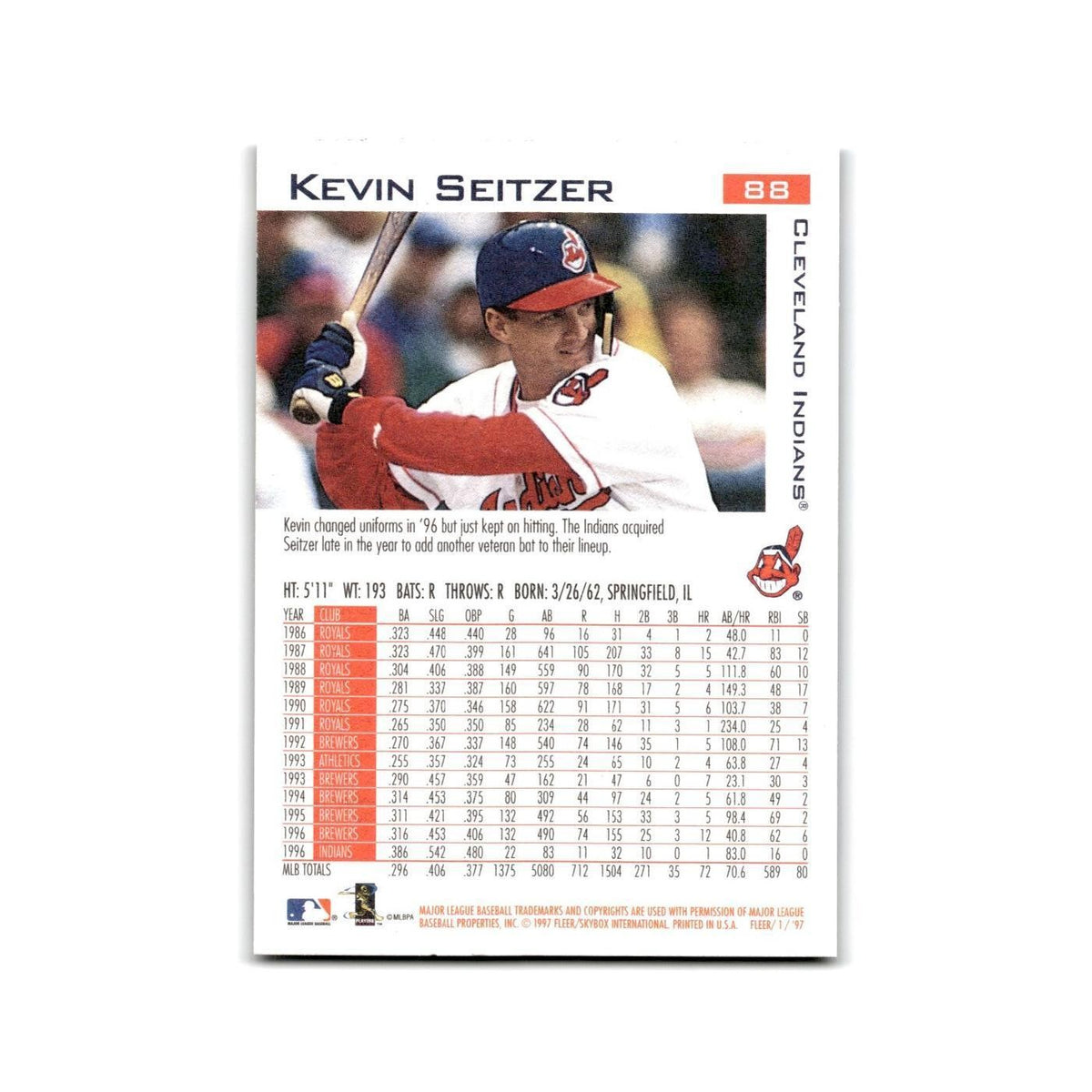 Kevin Seitzer 1997 Fleer #88 Cleveland Indians Baseball Card NM