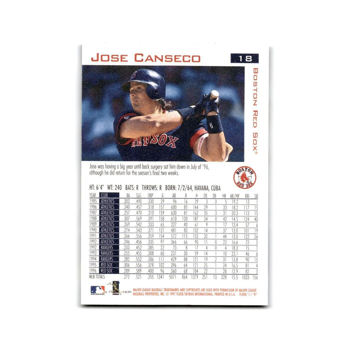 Jose Canseco 1997 Fleer #18 Boston Red Sox Baseball Card NM