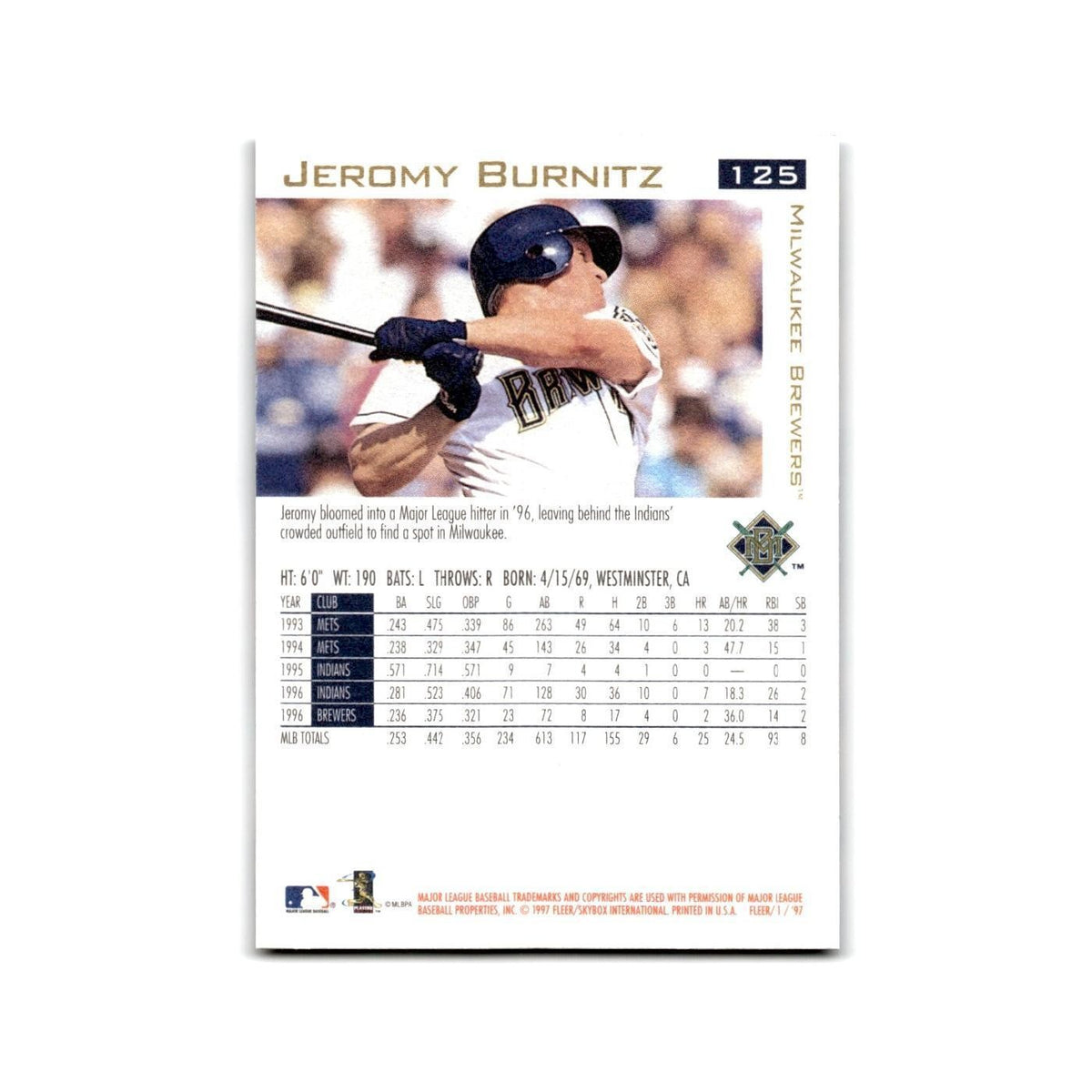 Jeromy Burnitz 1997 Fleer #125 Milwaukee Brewers Baseball Card NM