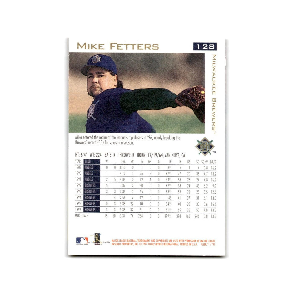 Mike Fetters 1997 Fleer #128 Milwaukee Brewers Baseball Card NM