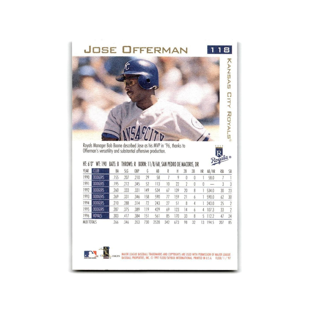 Jose Offerman 1997 Fleer #118 Kansas City Royals Baseball Card NM