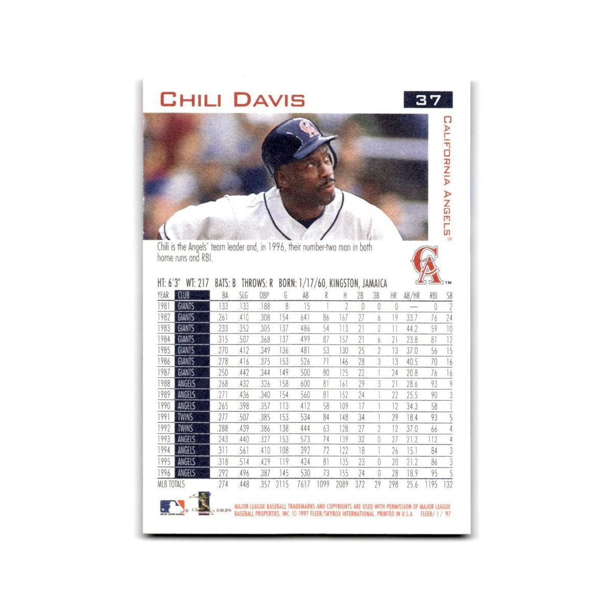 Chili Davis 1997 Fleer #37 California Angels Baseball Card NM