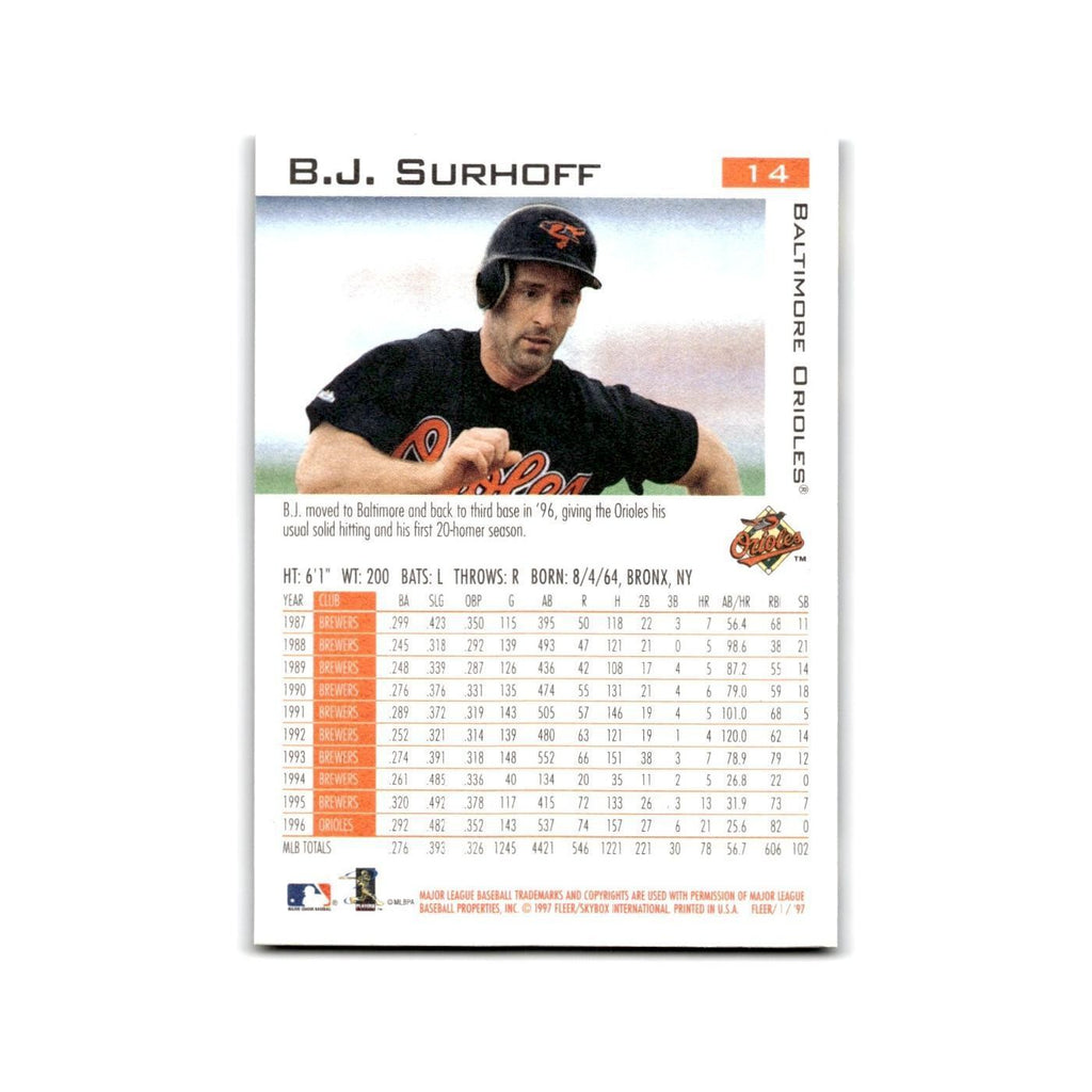 B.J. Surhoff 1997 Fleer #14 Baltimore Orioles Baseball Card NM