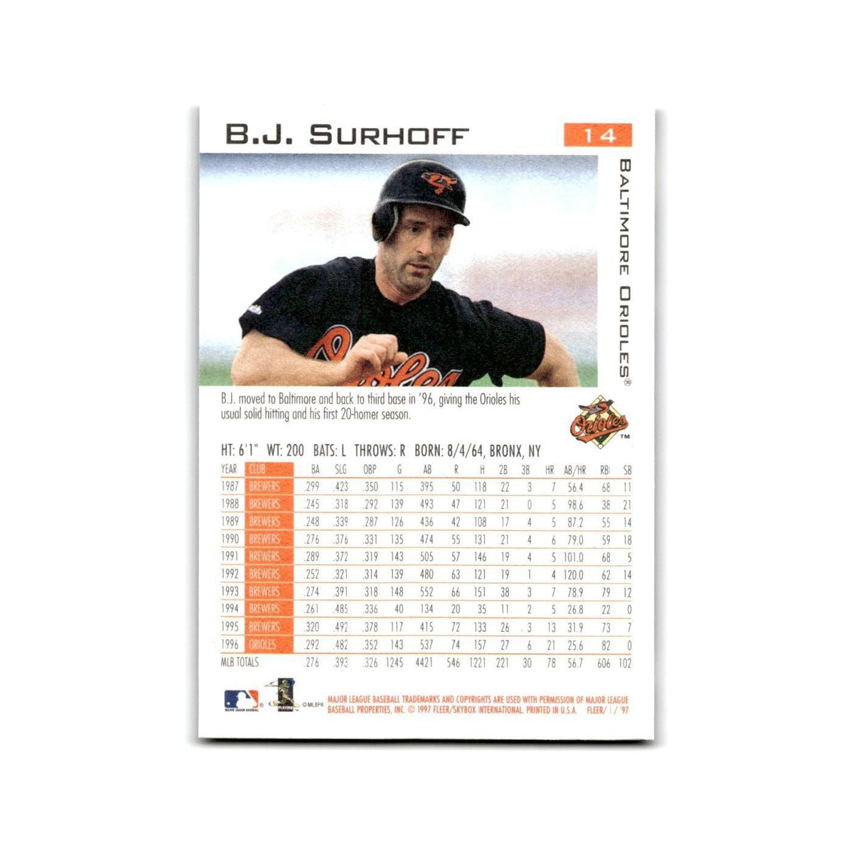 B.J. Surhoff 1997 Fleer #14 Baltimore Orioles Baseball Card NM