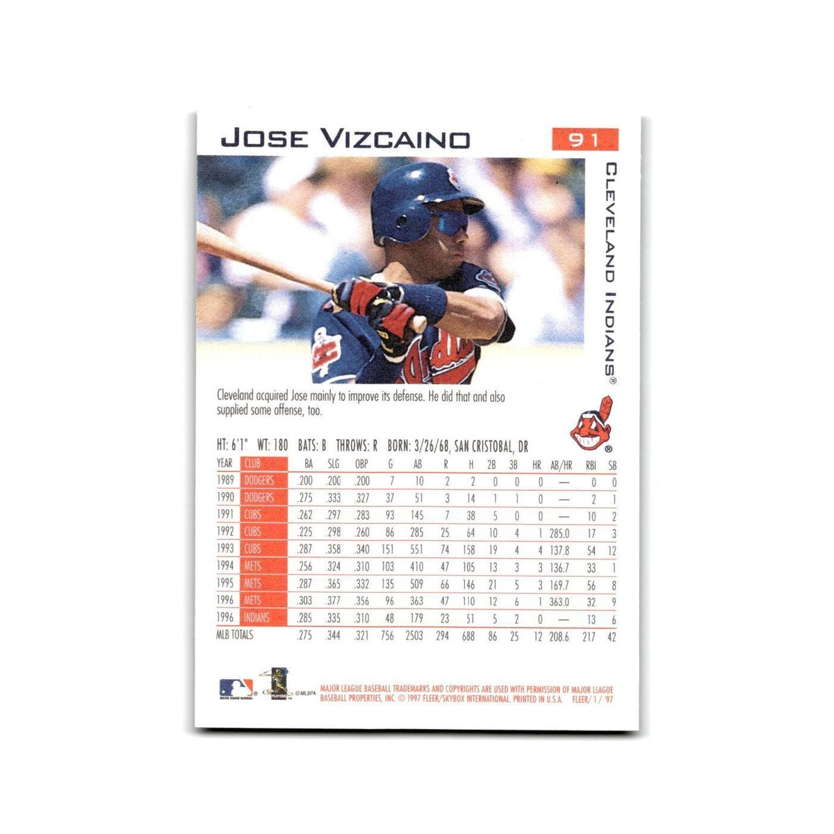 Jose Vizcaino 1997 Fleer #91 Cleveland Indians Baseball Card NM