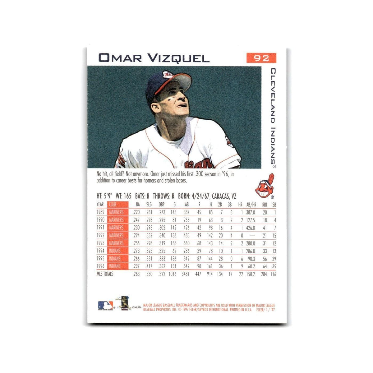 Omar Vizquel 1997 Fleer #92 Cleveland Indians Baseball Card NM