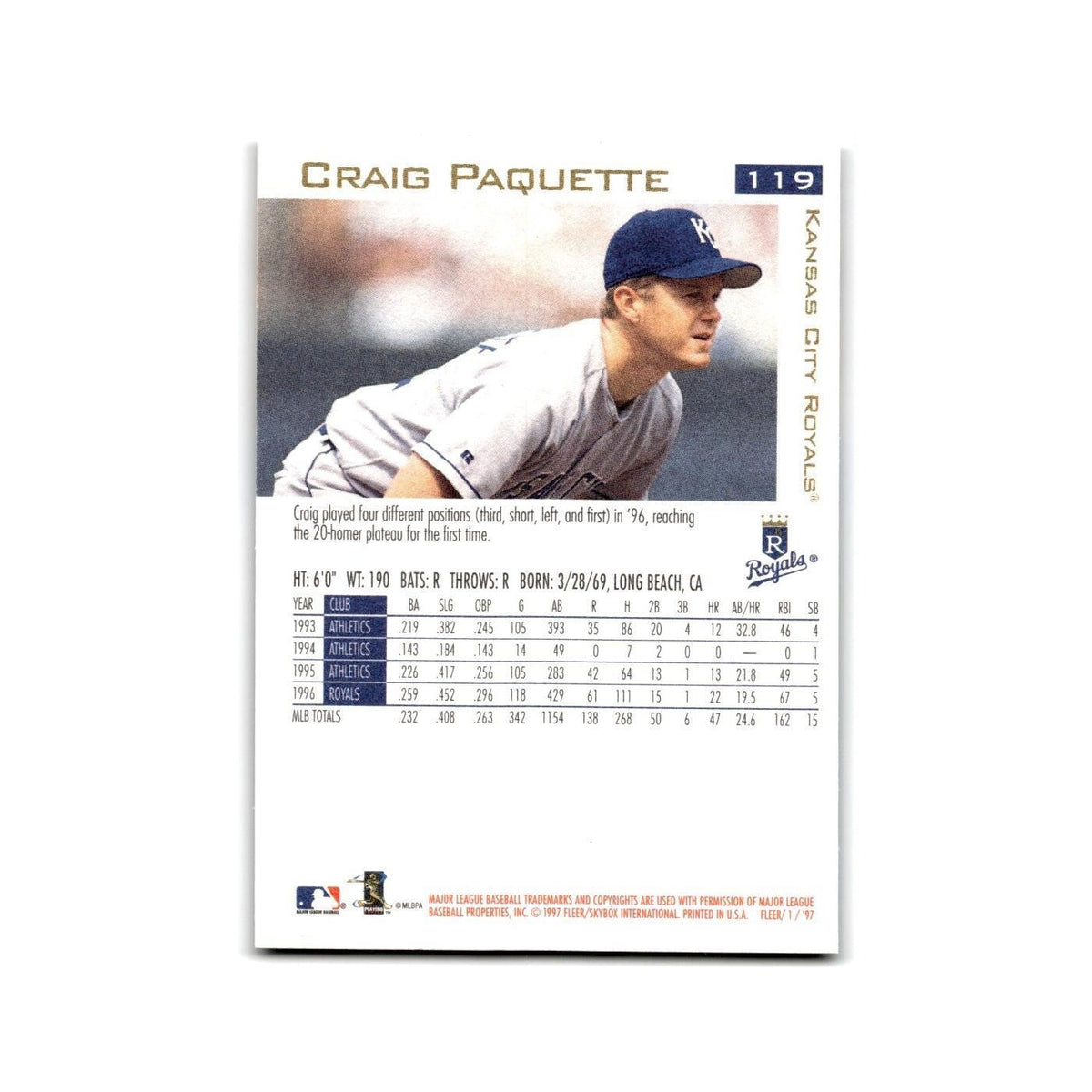 Craig Paquette 1997 Fleer #119 Kansas City Royals Baseball Card NM