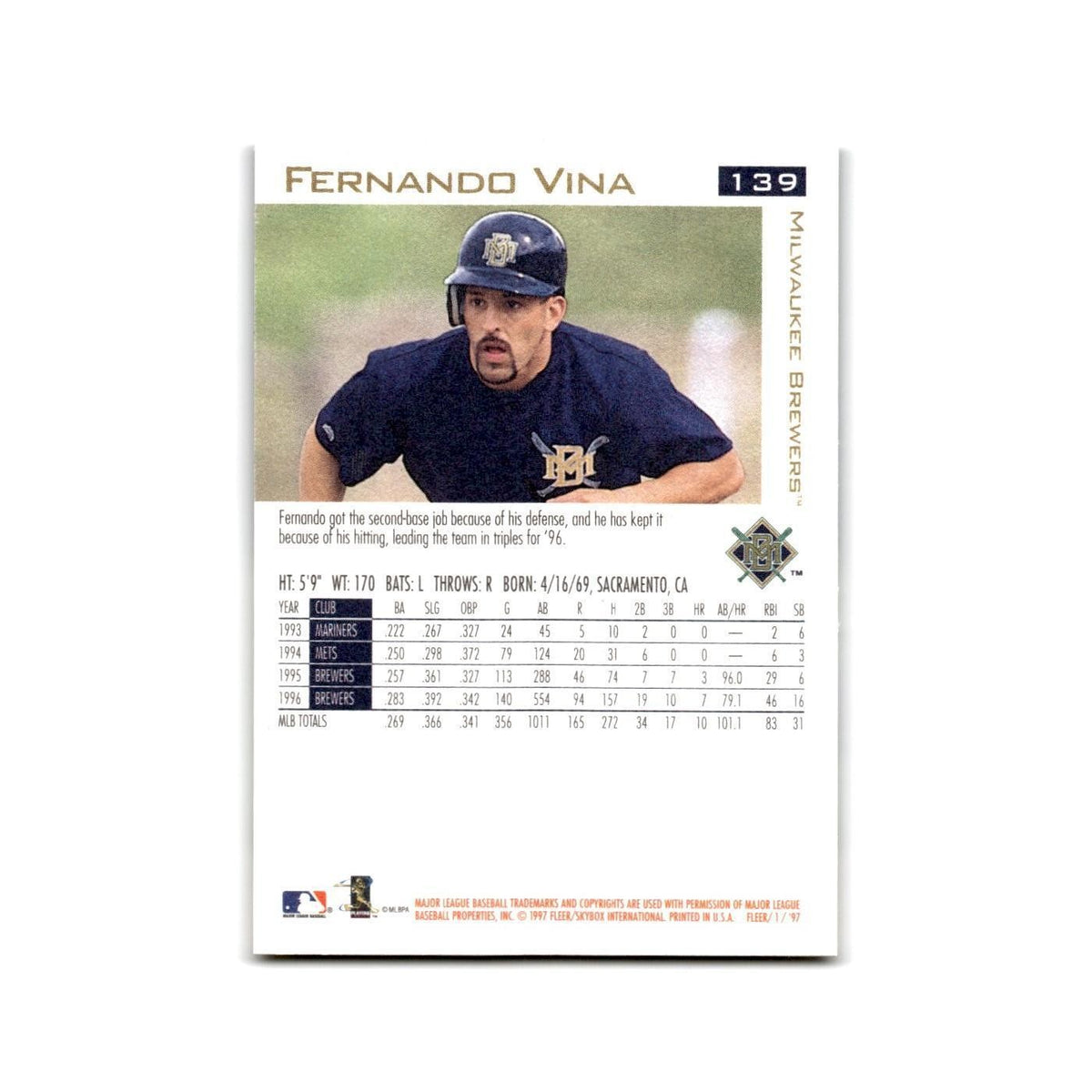 Fernando Vina 1997 Fleer #139 Milwaukee Brewers Baseball Card NM