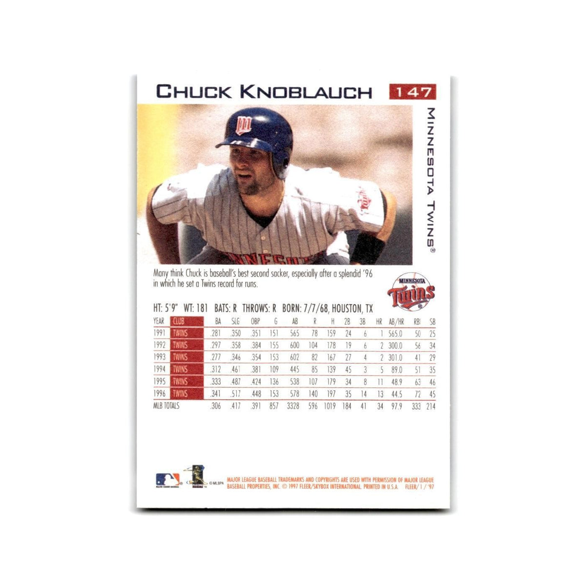 Chuck Knoblauch 1997 Fleer #147 Minnesota Twins Baseball Card NM