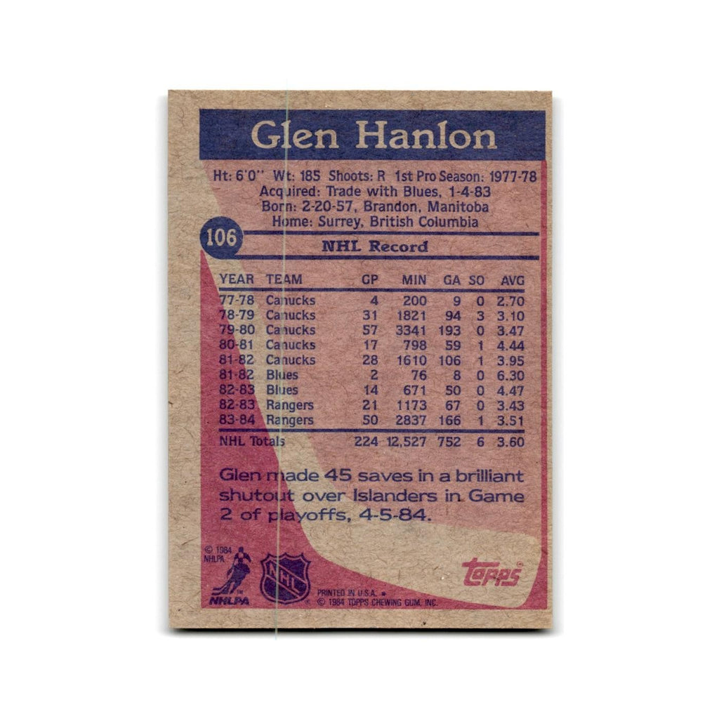 1984 Topps Glen Hanlon New York Rangers #106