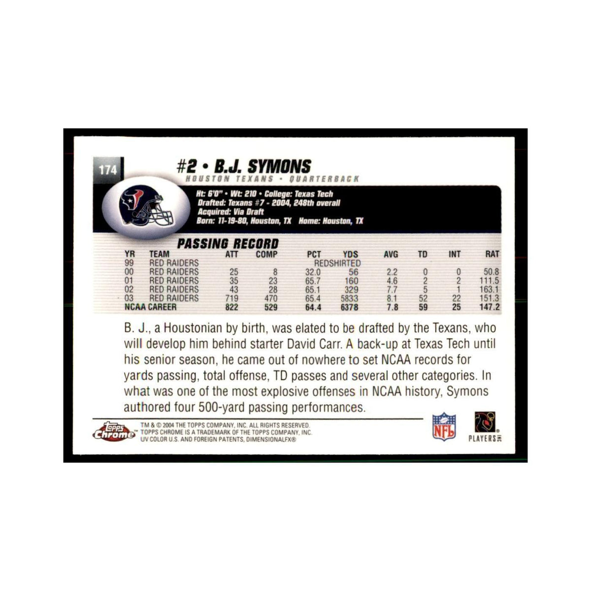 2004 Topps Chrome B.J. Symons Football Cards #174