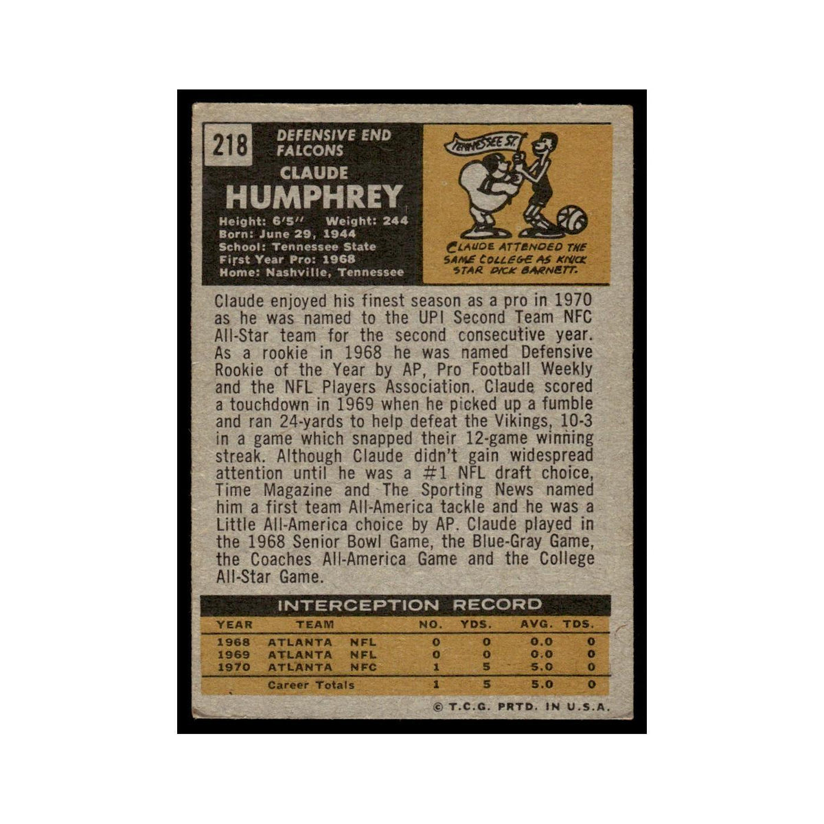 1971 Topps (Damaged) Claude Humphrey Falcons #218