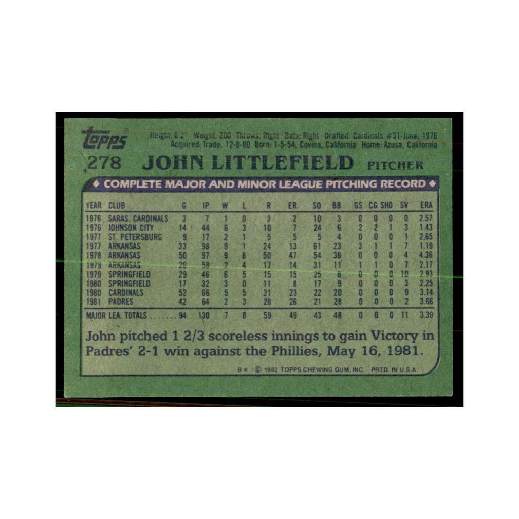 1982 Topps John Littlefield Baseball Cards #278