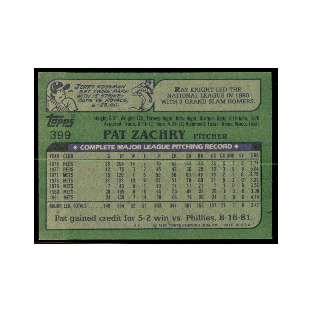1982 Topps Pat Zachry Baseball Cards #399