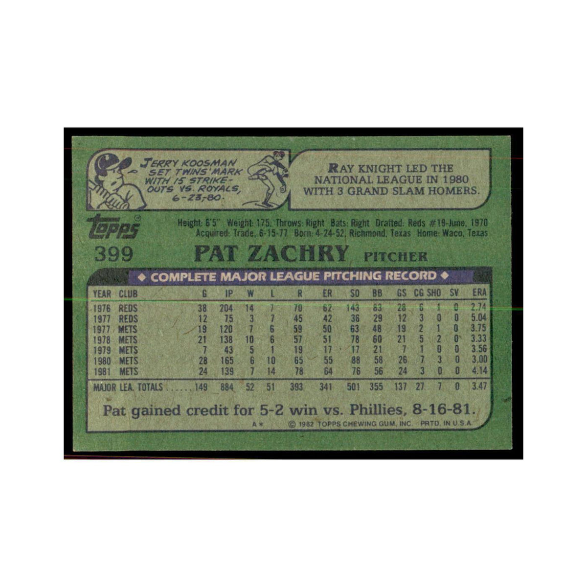 1982 Topps Pat Zachry Baseball Cards #399