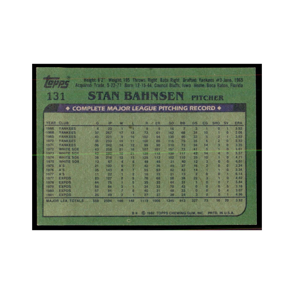 1982 Topps Stan Bahnsen Baseball Cards #131