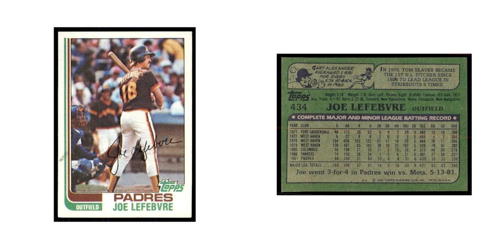 1982 Topps Joe Lefebvre Baseball Cards #434