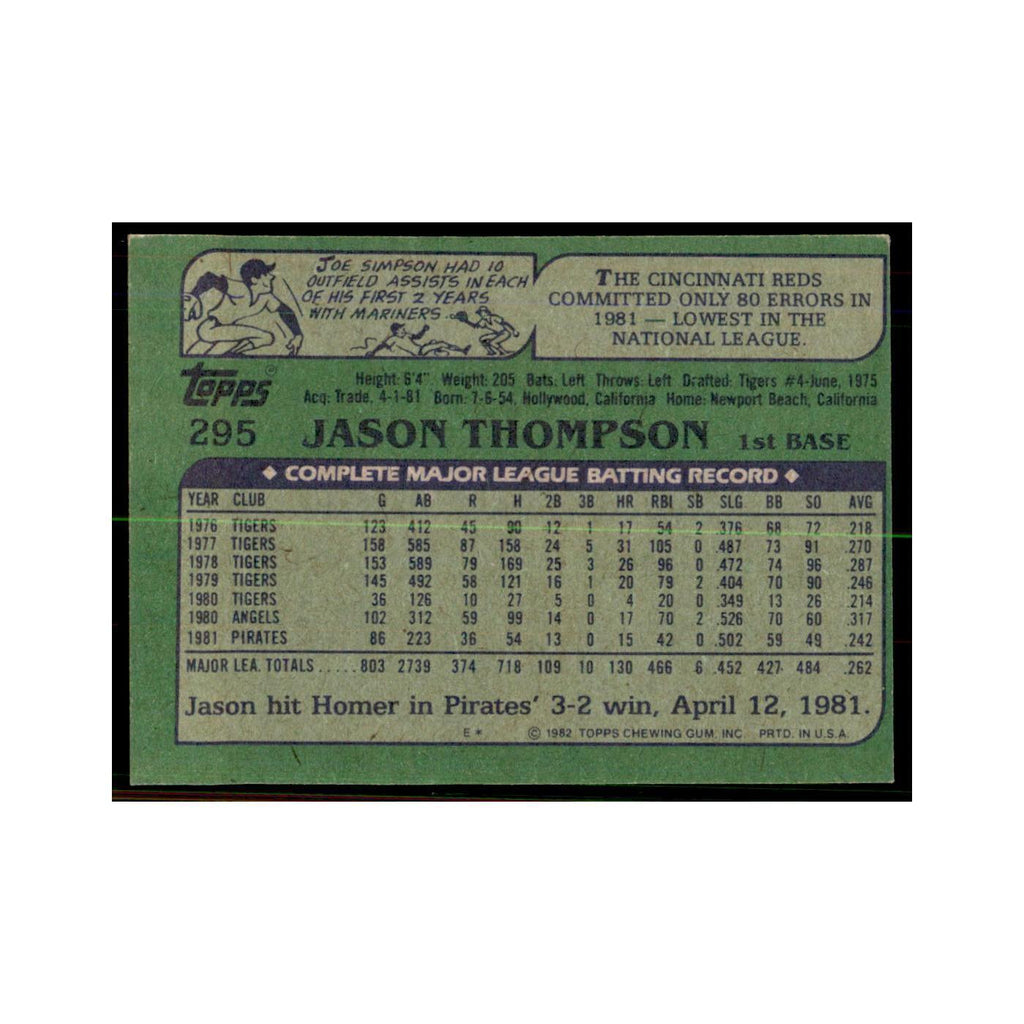 1982 Topps Jason Thompson Baseball Cards #295