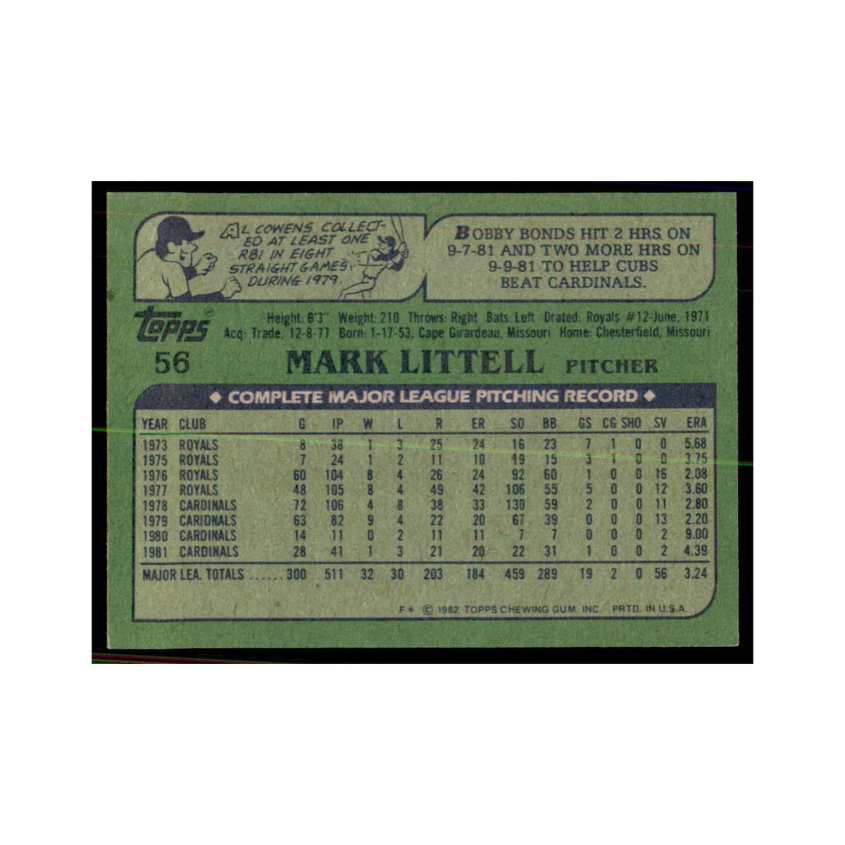 1982 Topps Mark Littell Baseball Cards #56