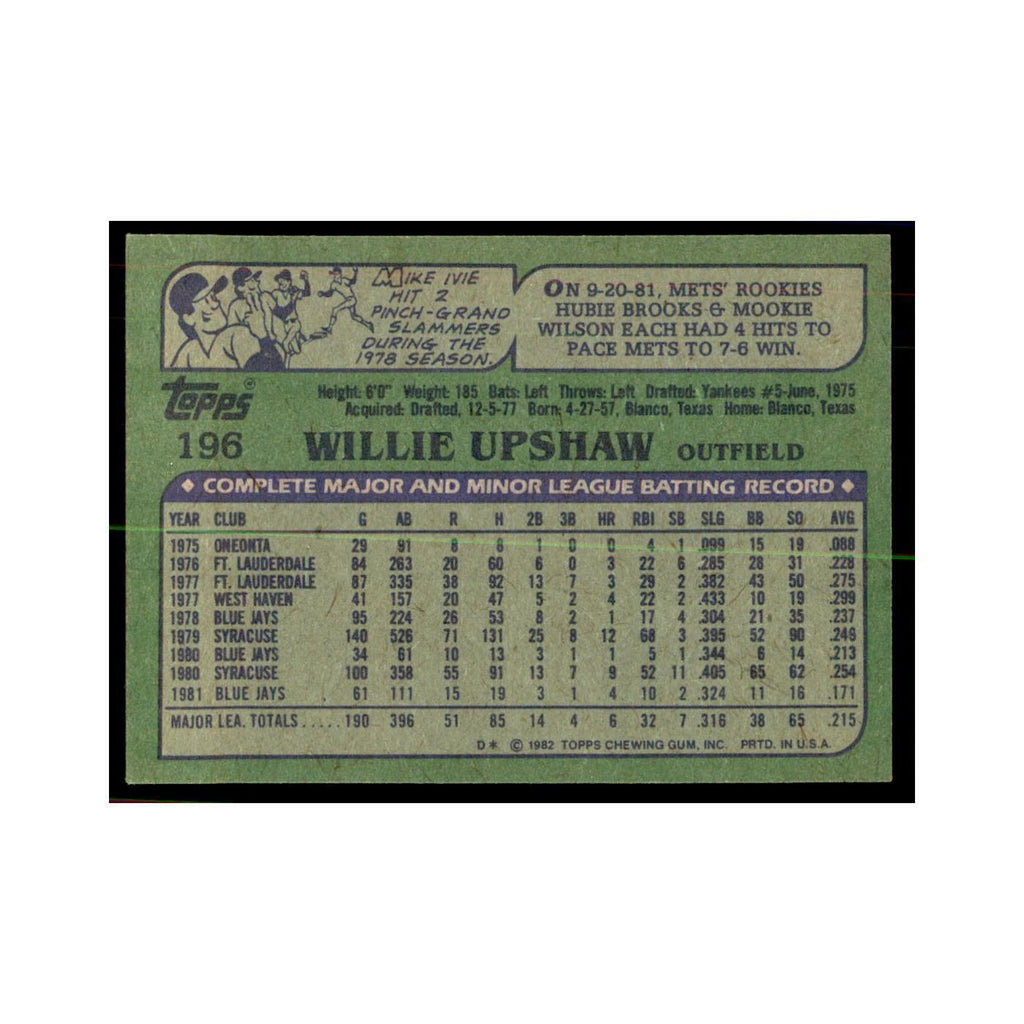 1982 Topps Willie Upshaw Baseball Cards #196