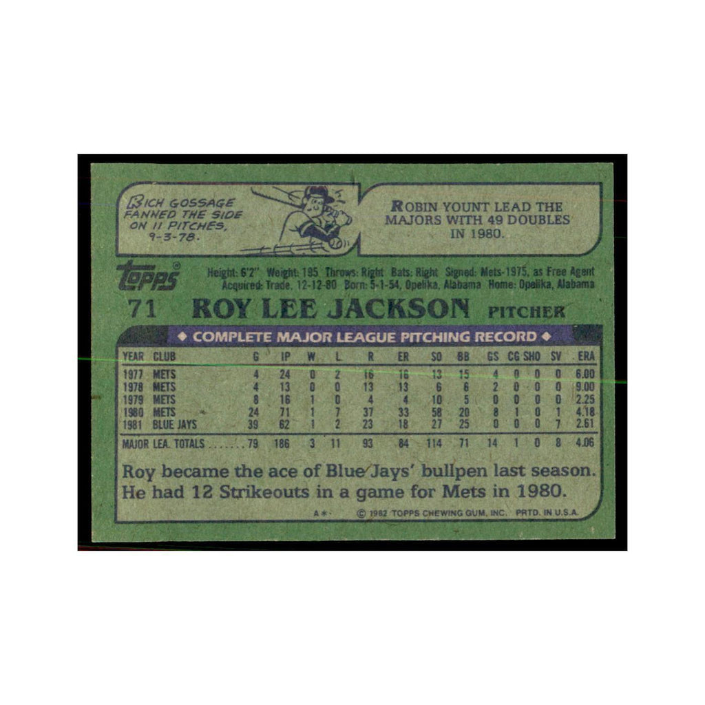 1982 Topps Roy Lee Jackson Baseball Cards #71