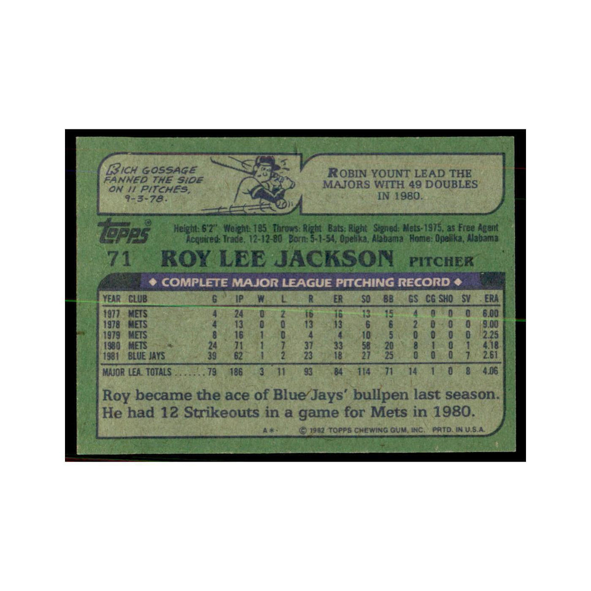 1982 Topps Roy Lee Jackson Baseball Cards #71