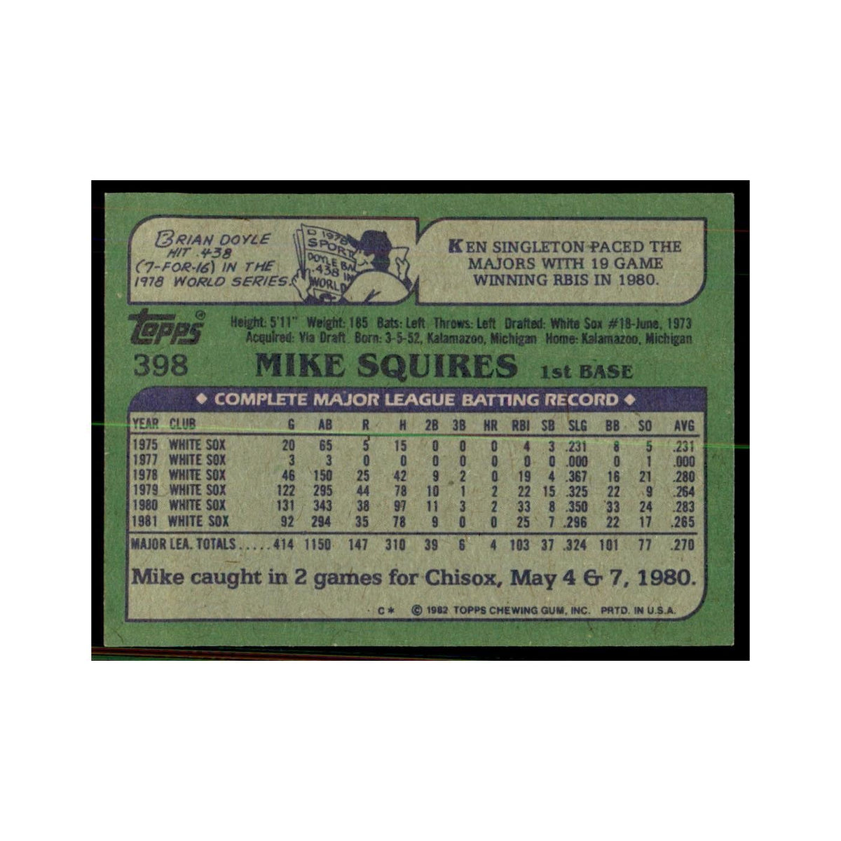 1982 Topps Mike Squires Baseball Cards #398