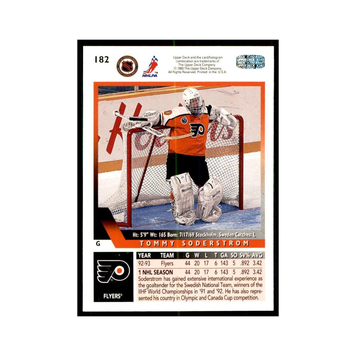 1993 Upper Deck Tommy Soderstrom Hockey Cards #182