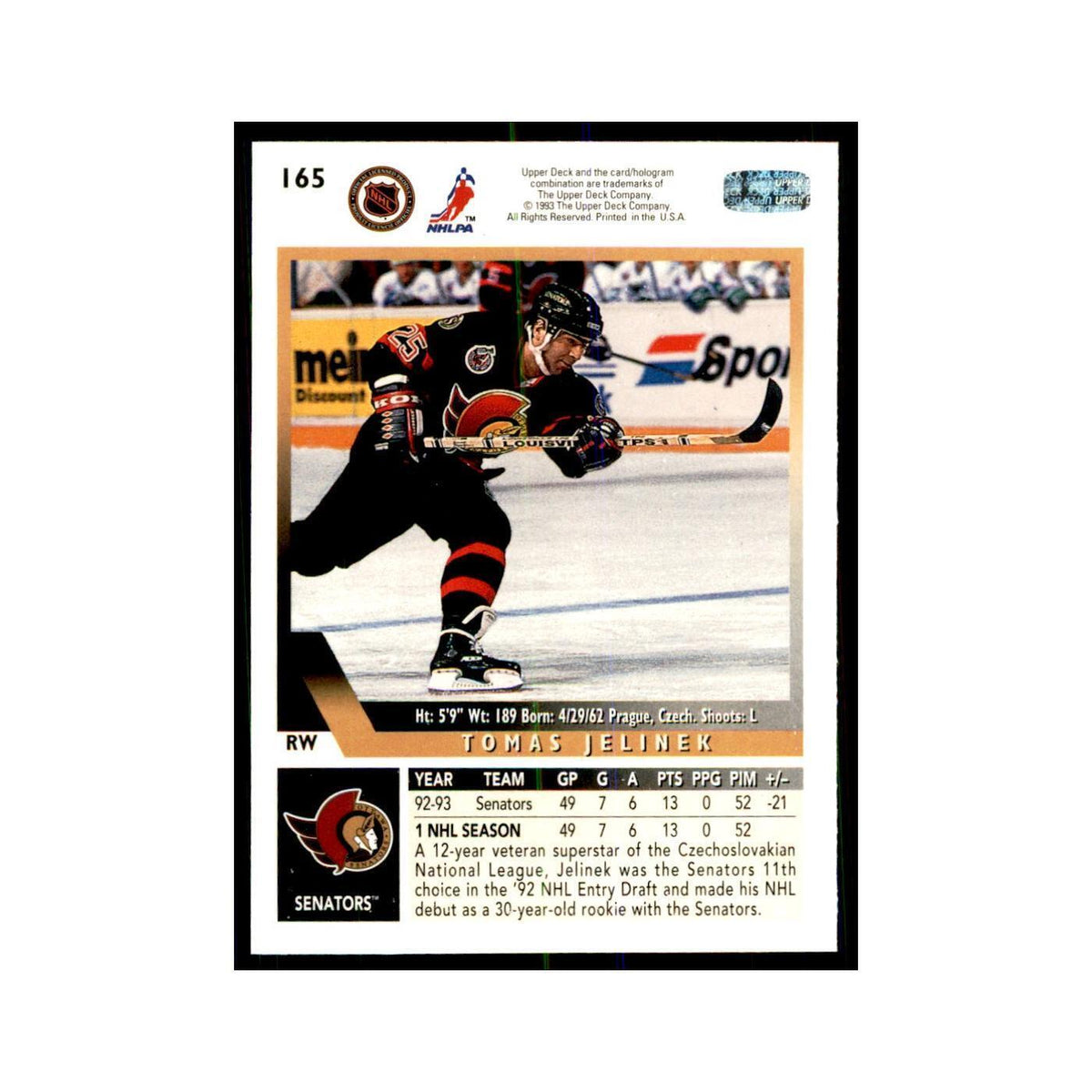 1993 Upper Deck Tomas Jelinek Hockey Cards #165