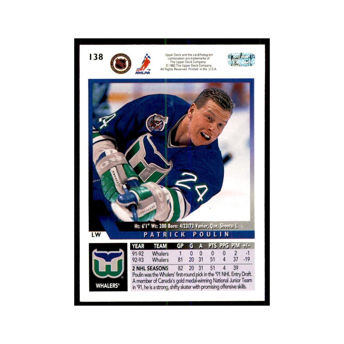 1993 Upper Deck Patrick Poulin Hockey Cards #138