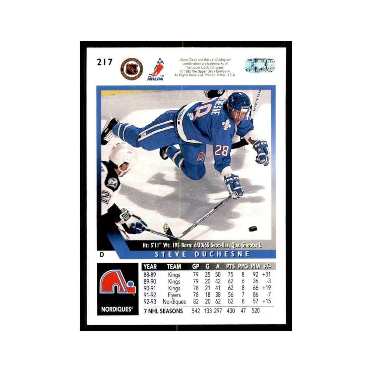 1993 Upper Deck Steve Duchesne Hockey Cards #217