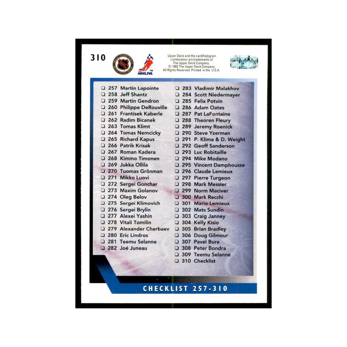 1993 Upper Deck Checklist 207-310 Hockey Cards #310
