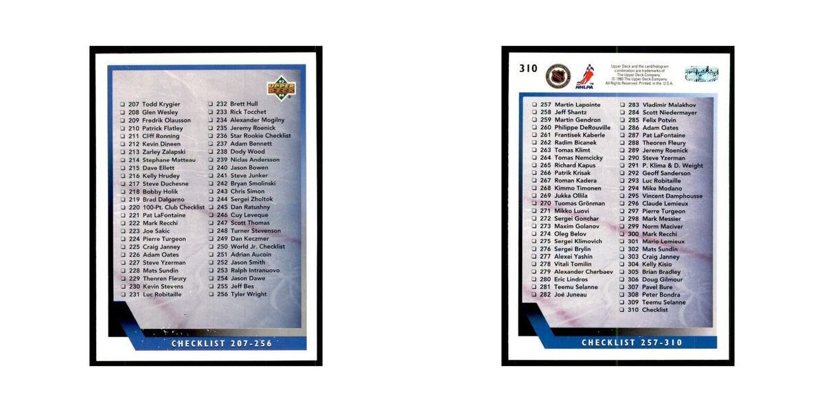 1993 Upper Deck Checklist 207-310 Hockey Cards #310