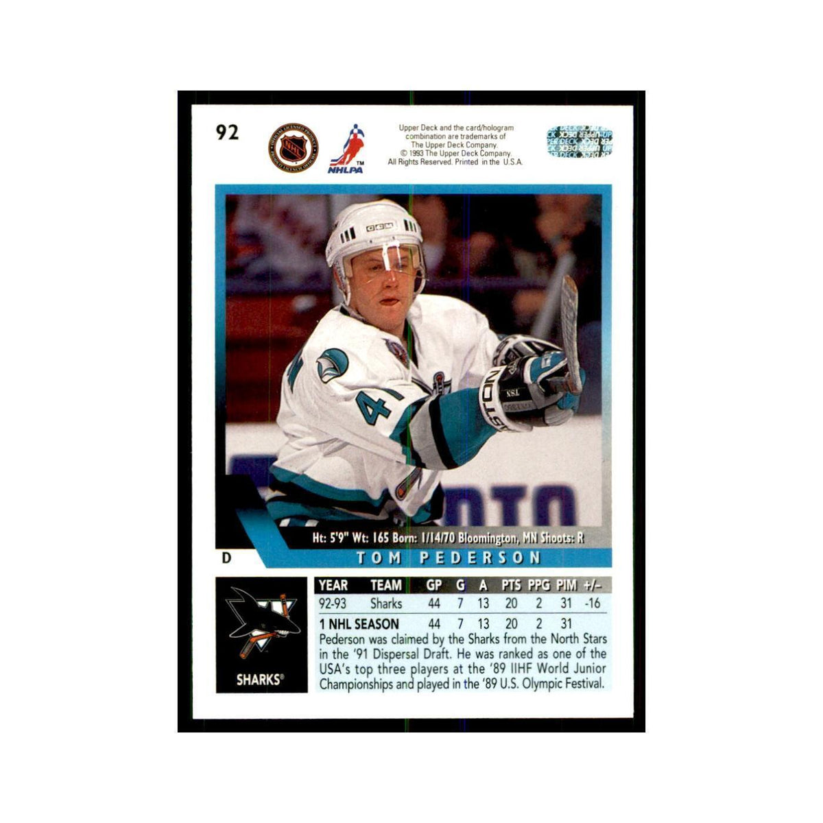 1993 Upper Deck Tom Pederson Hockey Cards #92