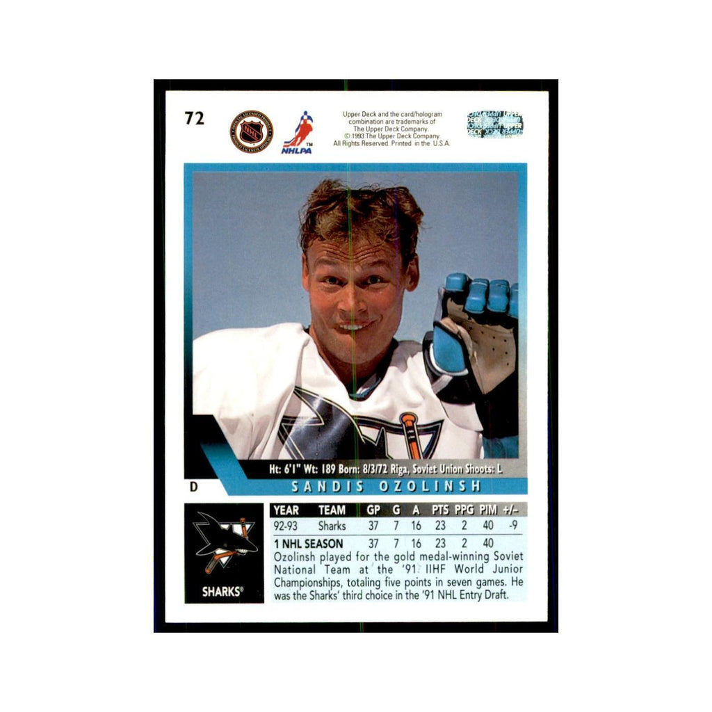 1993 Upper Deck Sandis Ozolinsh Hockey Cards #72
