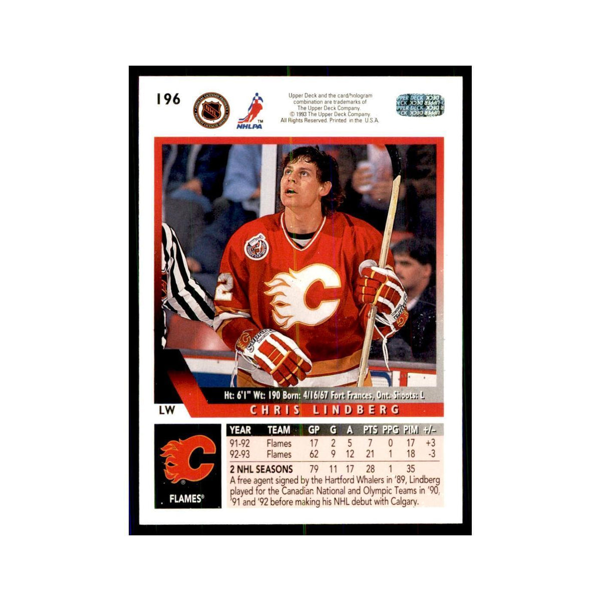 1993 Upper Deck Chris Lindberg Hockey Cards #196