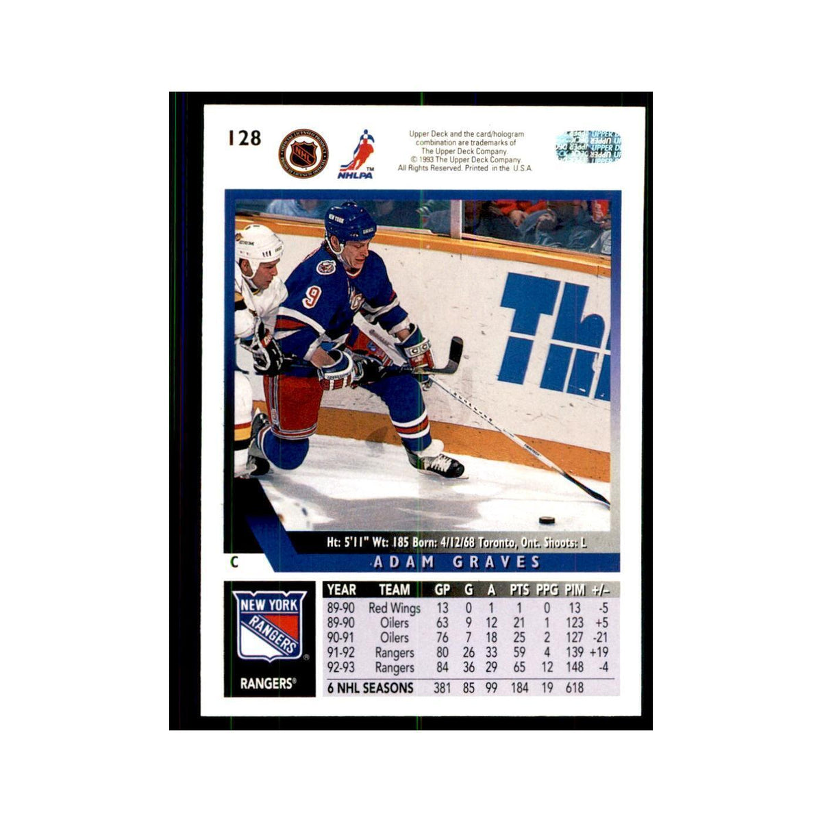 1993 Upper Deck Adam Graves Hockey Cards #128