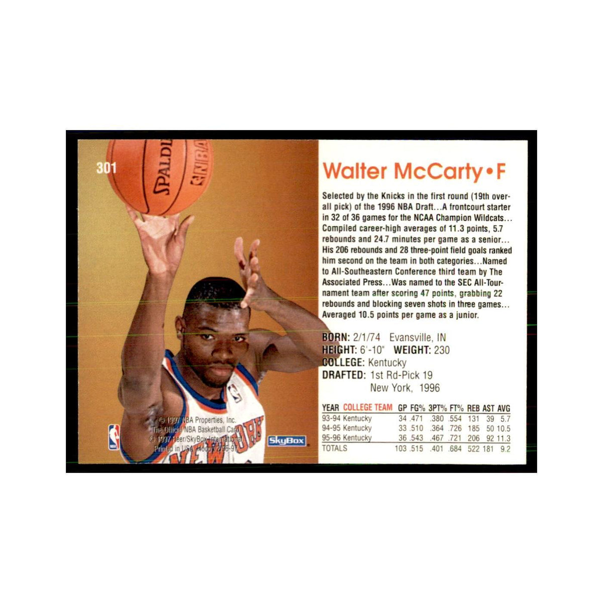 Walter McCarty Rookie 1996 NBA Hoops #301 Basketball Cards Basketball Card NM