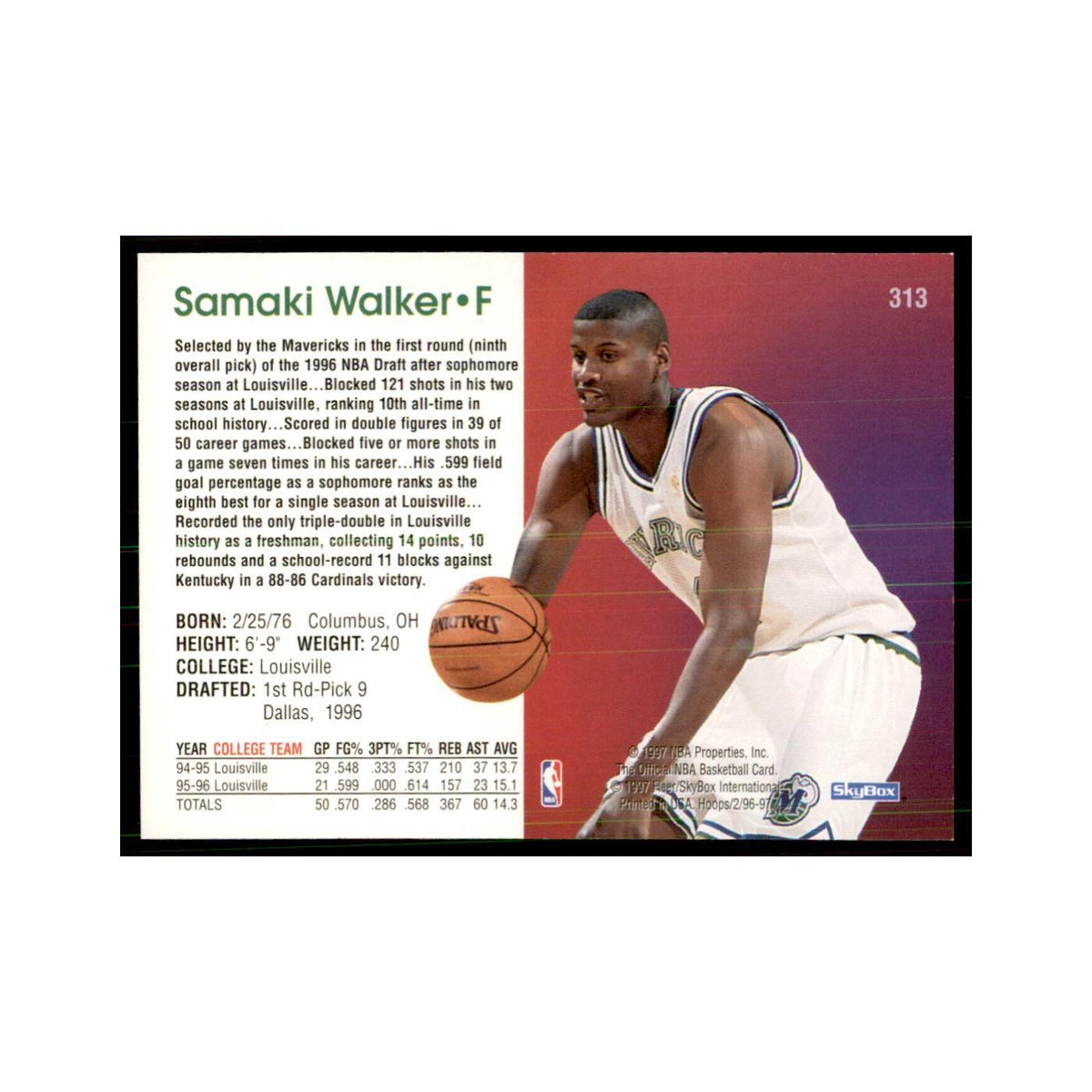 Samaki Walker Rookie 1996 NBA Hoops #313 Basketball Cards Basketball Card NM