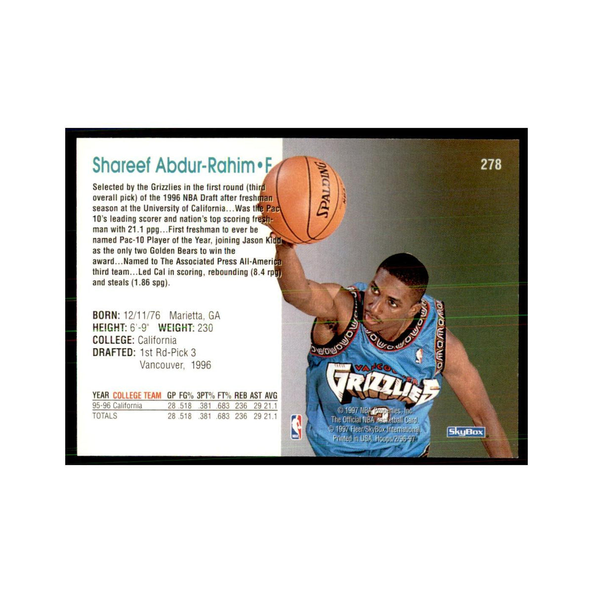 Shareef Abdur-Rahim Rookie 1996 NBA Hoops #278 Basketball Cards NM