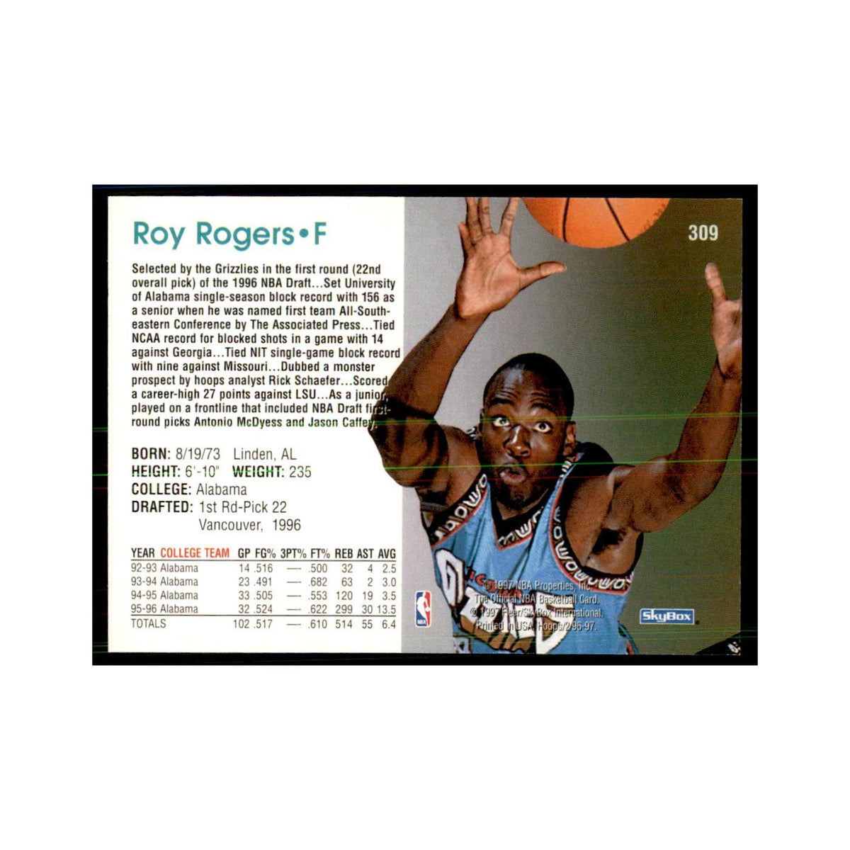Roy Rogers Rookie 1996 NBA Hoops #309 Basketball Cards Basketball Card NM
