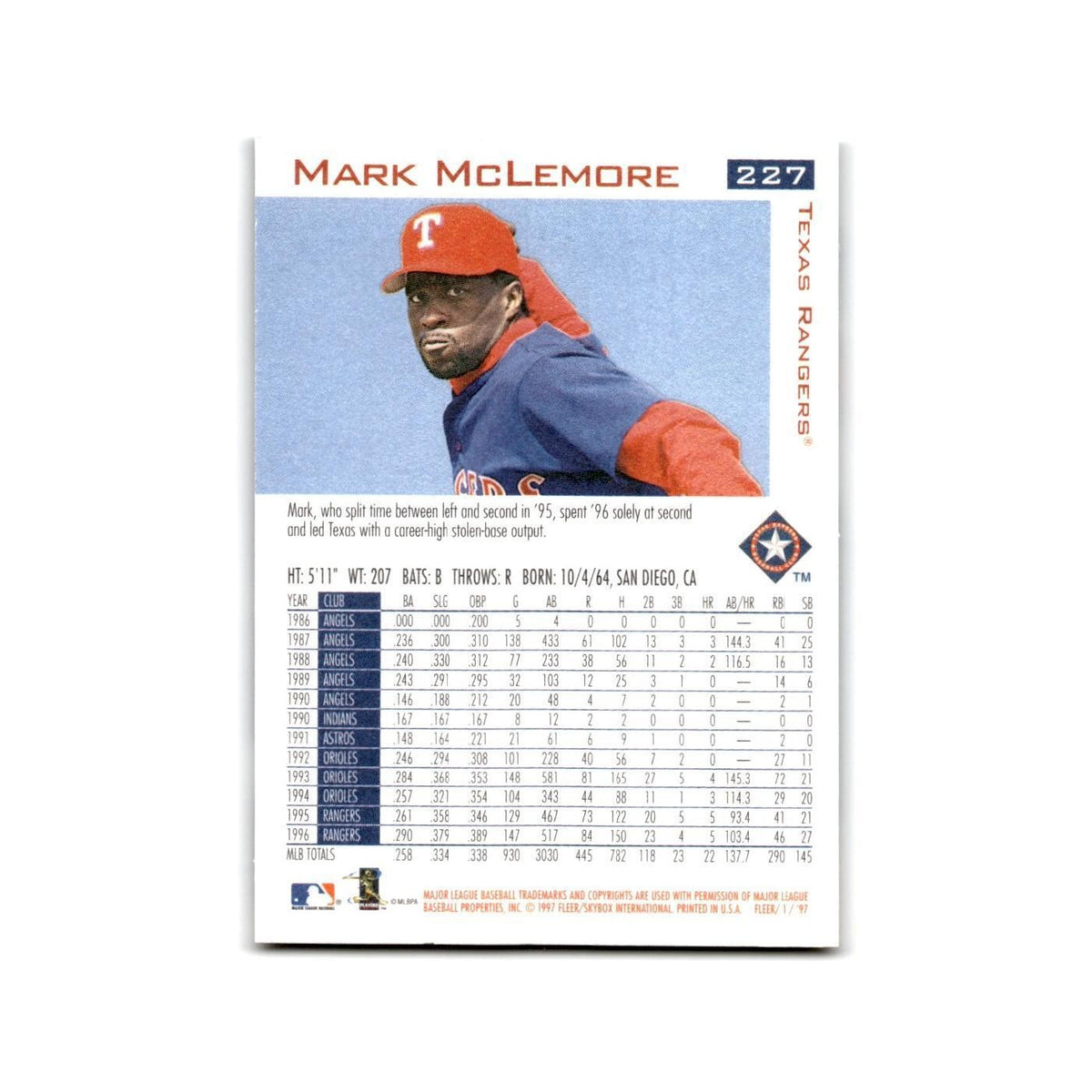 Mark McLemore 1997 Fleer #227 Texas Rangers Baseball Card NM